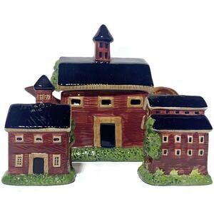 Sakura Porcelain Tea Pot With Salt &  Pepper Shakers Country Barn Motif